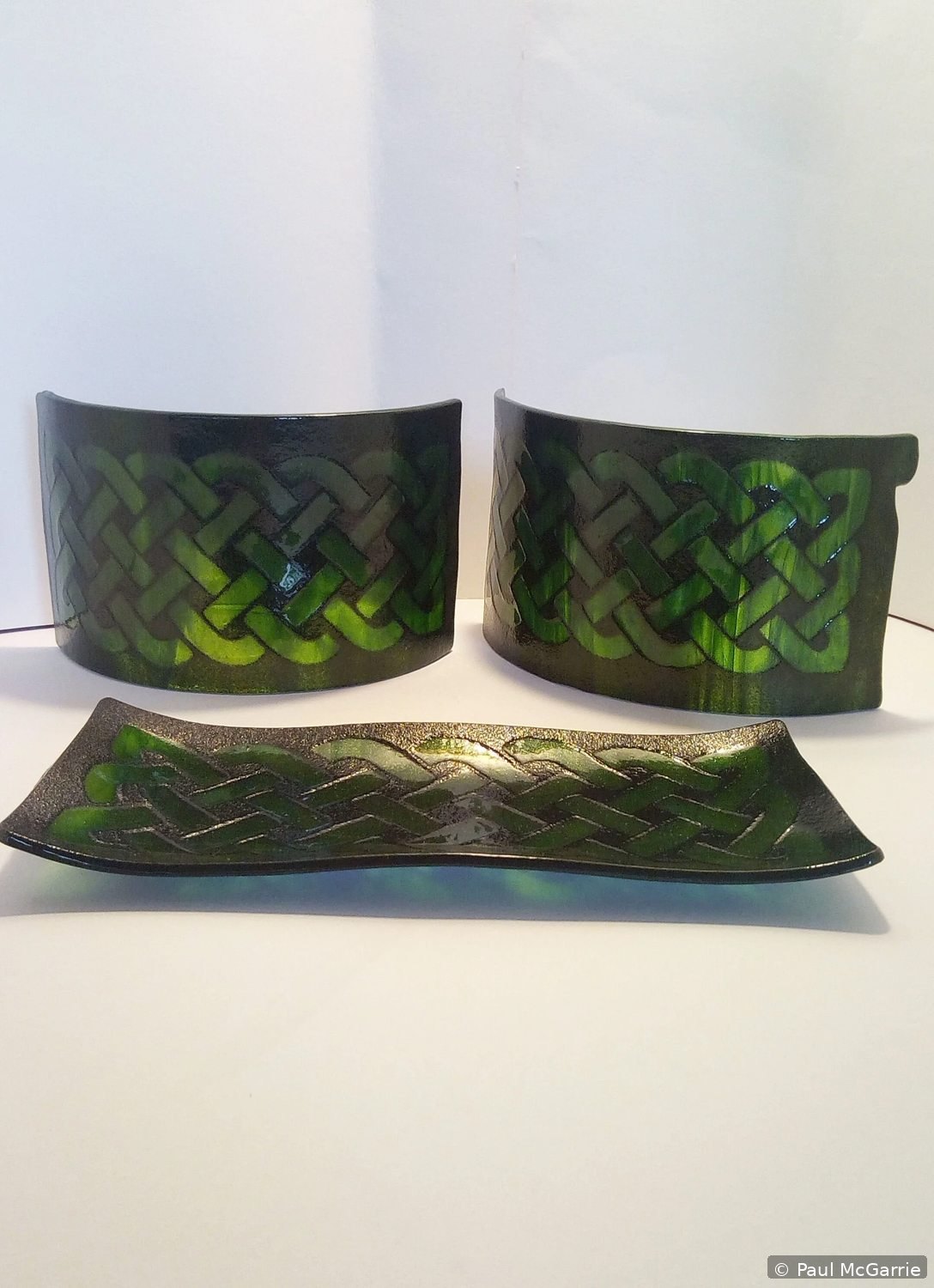Celtic Knot Holders in Green, fused glass artwork by Paul McGarrie, photograph 1