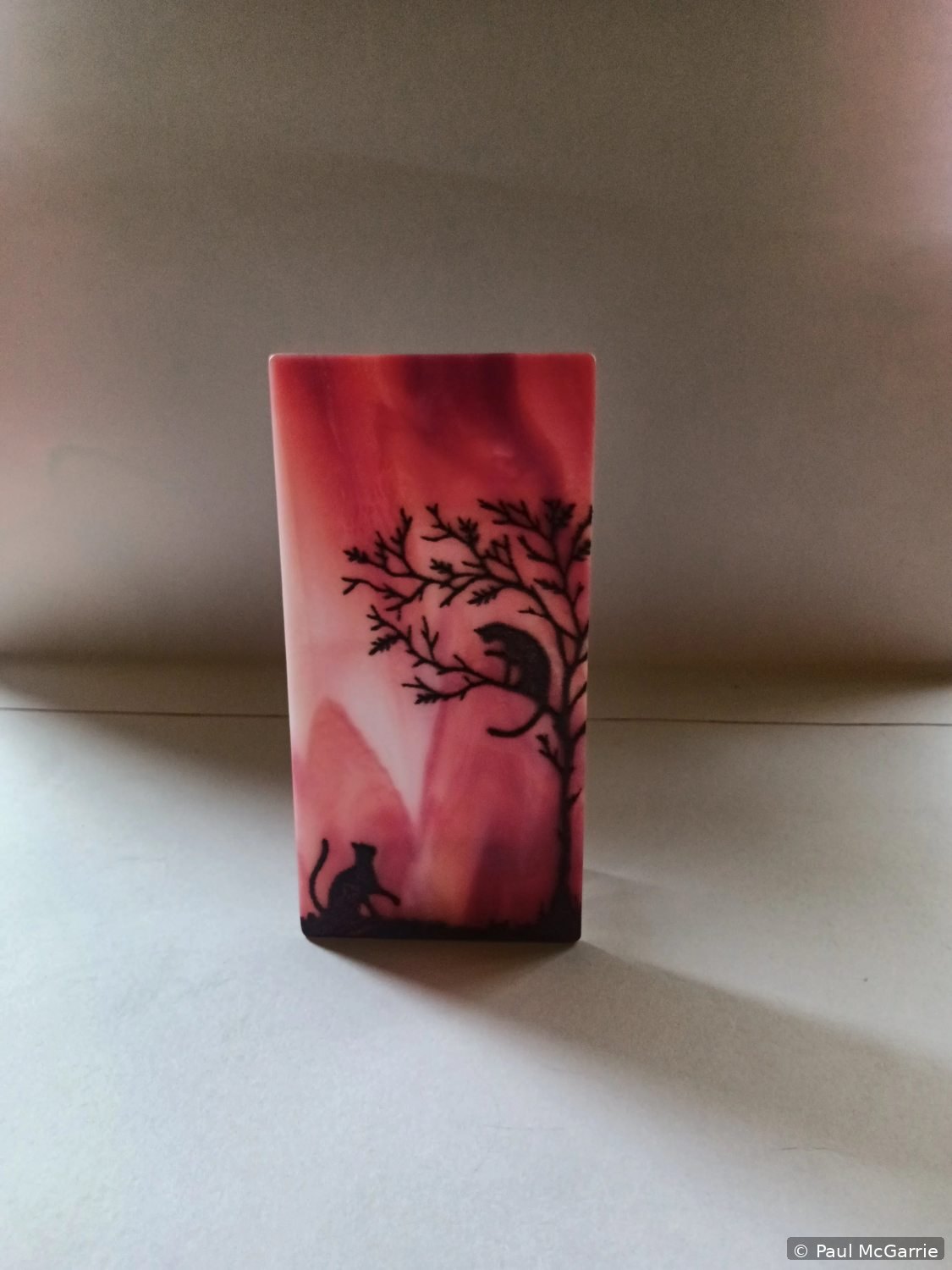 Cat in a Tree in Pink, fused glass artwork by Paul McGarrie, photograph 1