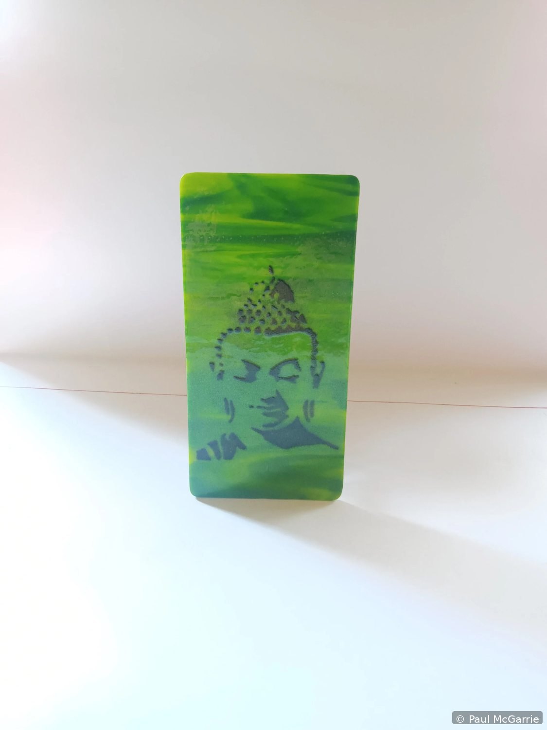 Buddha in Green, fused glass artwork by Paul McGarrie