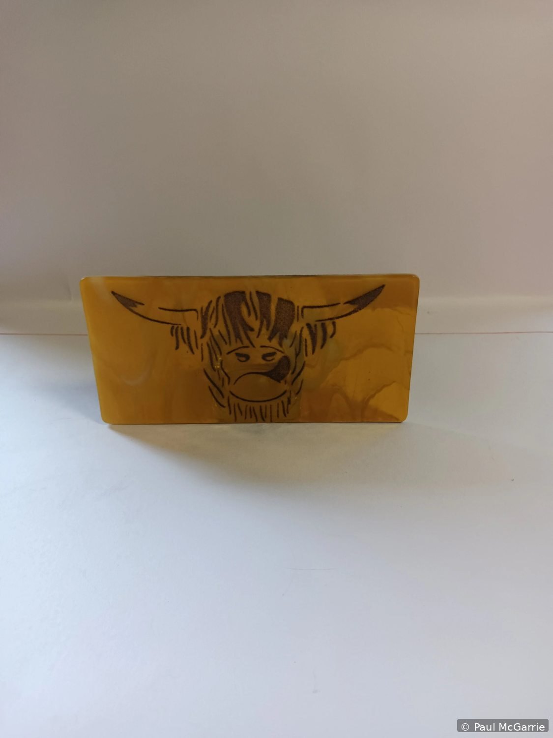 Highland Cow in Amber, fused glass artwork by Paul McGarrie