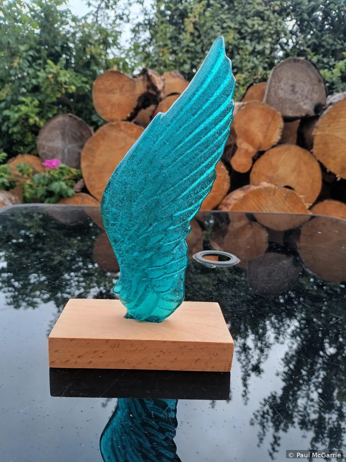 Glass Angel Wing in Aqua, fused glass artwork by Paul McGarrie, photograph 1